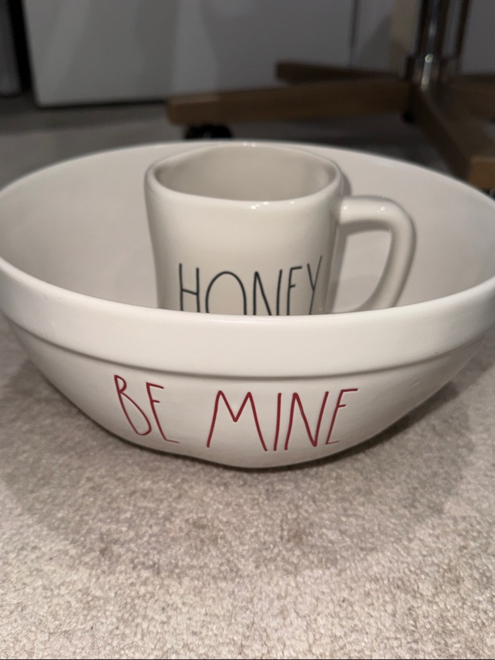 White Ceramic "Be Mine" Bowl and "Honey" Mug Set